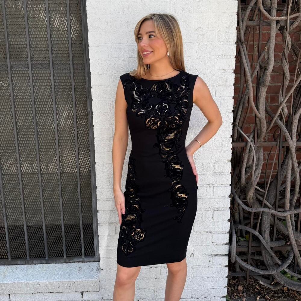 Vtg Cache black bodycon cocktail dress with gold floral embroidery sz 2